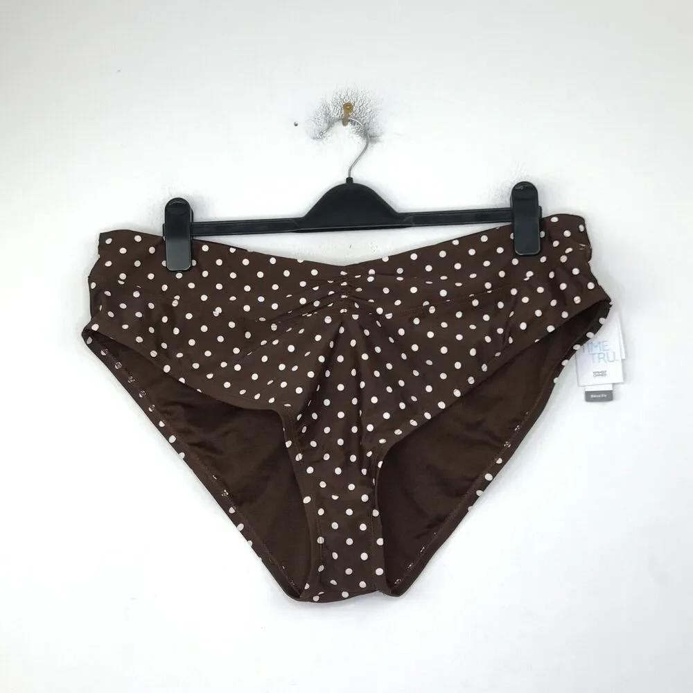 Time And Tru Women's 2X Bikini Bottom Brown Polka Dot V Front High Rise NWT BY14